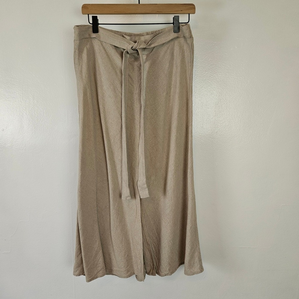 Roz & Ali Linen Midi Skirt Sz L Natural Beige Belted Elastic Waist